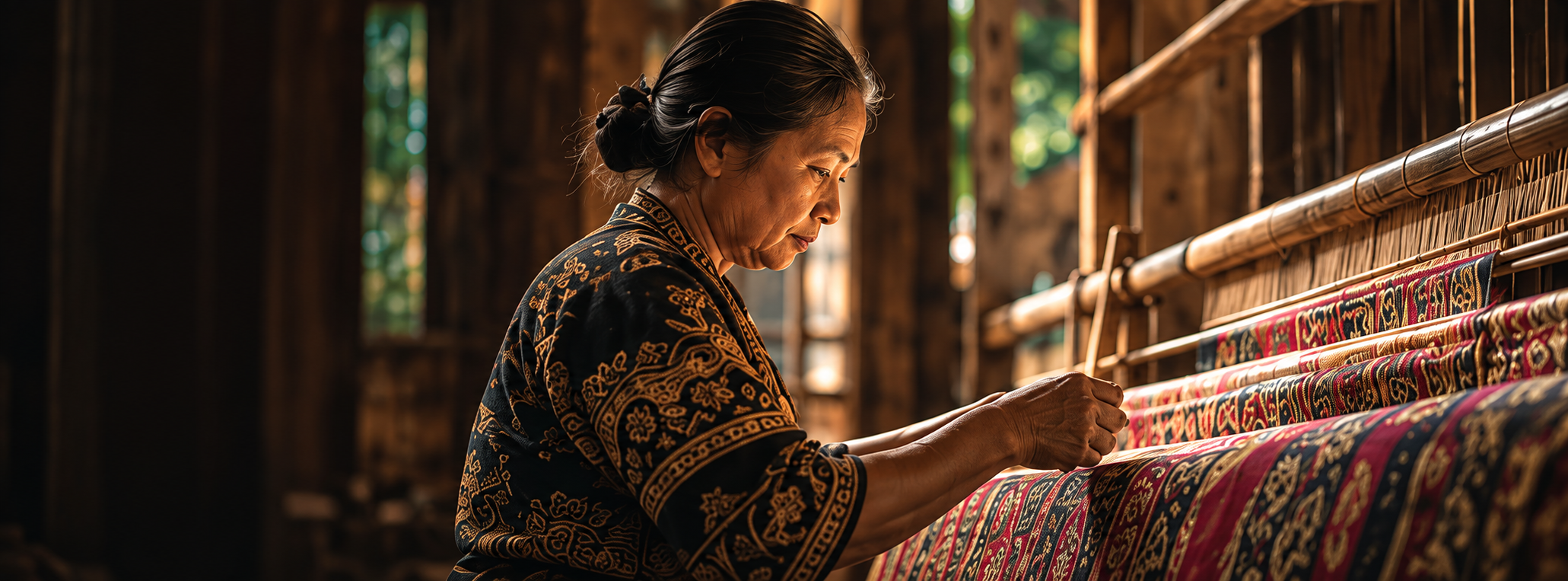 Illustrative Malaysian woman weaving red and gold songket at a traditional wooden loom.